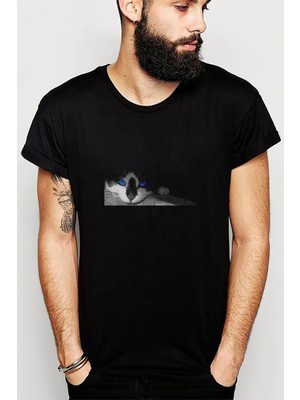 Qivi Blue Eyed Cats Baskılı Siyah Erkek Örme Tshirt