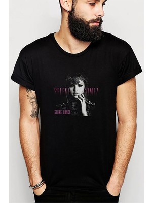 Qivi Selena Gomez Stars Baskılı Siyah Erkek Örme Tshirt