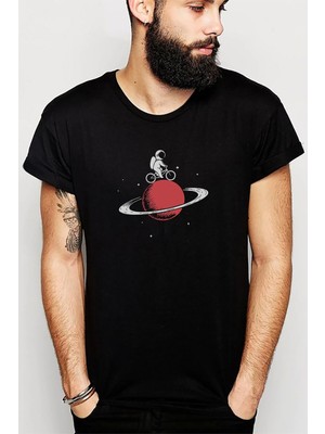 Qivi Astronaut Stay On Saturn Biker Uzayda Baskılı Siyah Erkek Örme Tshirt