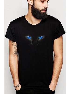 Qivi Cat Eyes Blue Kedi Baskılı Siyah Erkek Örme Tshirt