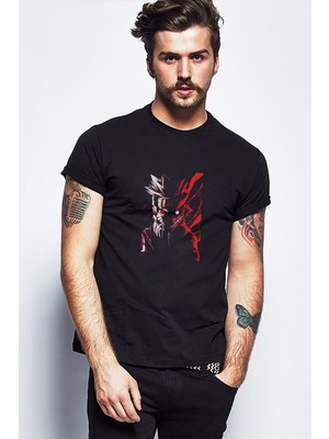 Qivi Anime Naruto Red White Baskılı Siyah Erkek Örme Tshirt