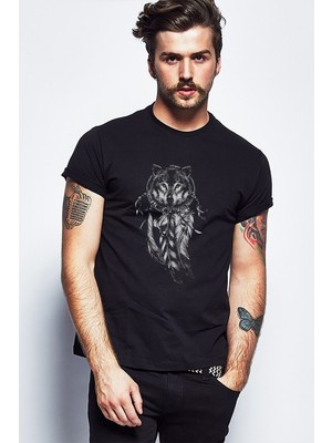 Qivi Dreamcatcher Wolf Düş Kapanı Kurt Baskılı Siyah Erkek Örme Tshirt