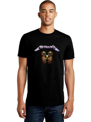 Qivi Metallica Skull Metal Rock Music Baskılı Siyah Erkek Örme Tshirt