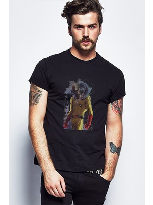 Qivi Anime One Punch Man Baskılı Siyah Erkek Örme Tshirt