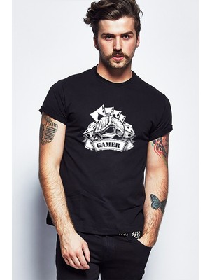 Qivi Gambling Gamer Baskılı Siyah Erkek Örme Tshirt