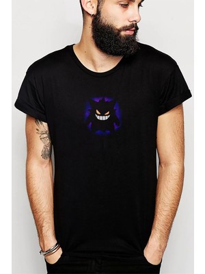 Qivi Pokemon Go Gengar Background Baskılı Siyah Erkek Örme Tshirt