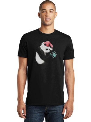Qivi Kırmızı Başlıklı Panda Baskılı Siyah Erkek Örme Tshirt