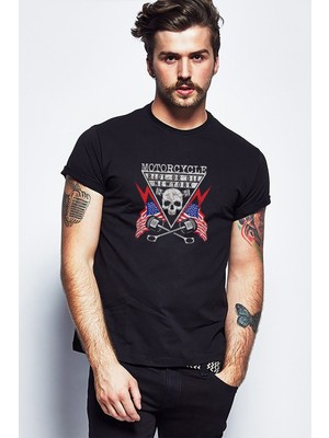 Qivi Motorcycle Poster Skull Tee Baskılı Siyah Erkek Örme Tshirt