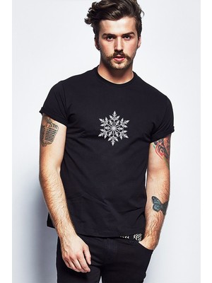 Qivi Silhouette Snowflake Baskılı Siyah Erkek Örme Tshirt