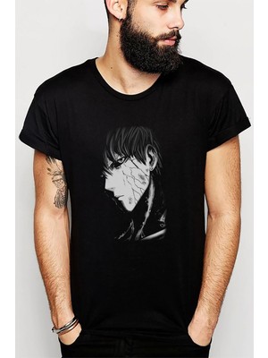 Qivi Anime One Punch Man Baskılı Siyah Erkek Örme Tshirt