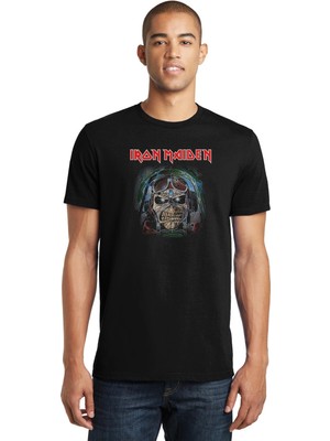 Qivi Maıden Pılot Eddıe Metal Baskılı Siyah Erkek Örme Tshirt