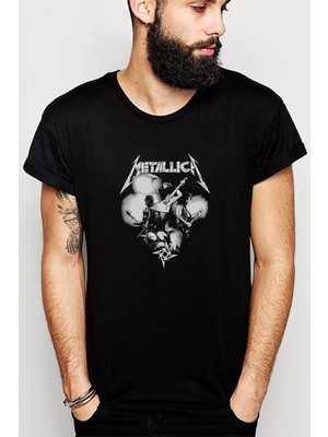 Qivi Metallica Kill Em Metal Rock Music Baskılı Siyah Erkek Örme Tshirt