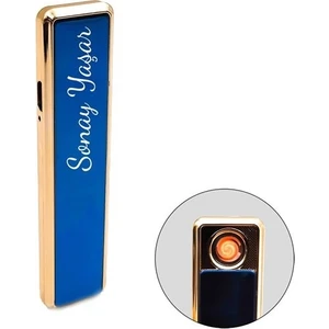 Kişiye Isme Özel USB Şarjlı Mavi Sürgülü Çakmak M01