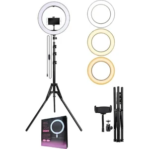 Popüler Cep LED Tripod Işıklı Adaptörlü Telefon Tutucu Makyaj Selfie Işığı Ring Light & Kuaför Çekim Işığı 2.1metre