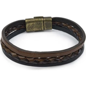 Düz El Örgüsü Deri Bileklik  Antik Kilitli  Siyah & Kahve   L Bileklik