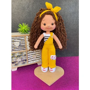 Simay Store Amigurumi Organik Örgü Oyuncak Sarı Tulumlu Örgü Bebek 35 cm