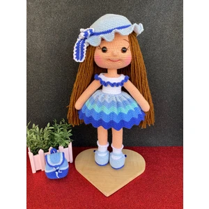 Simay Store Amigurumi Organik Örgü Oyuncak Mavi Şapkalı Karnaval Örgü Bebek 35 cm