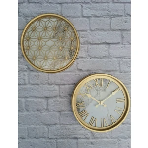 Altın(Gold) Renk Metal Kasalı Mermer Desenli  Duvar Saati  ve Tablo