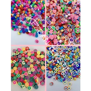 Kezban Tekstil 100 Adet 10MM Polimer Kil Fimo Boncuk Seti 25 'li 4 Farklı Desen Boncuk Takı Yapımı