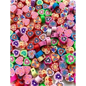 Kezban Tekstil 25 Adet Polimer Kil Renkli Desenli Kalp Model Fimo Boncuk,takı Yapımı
