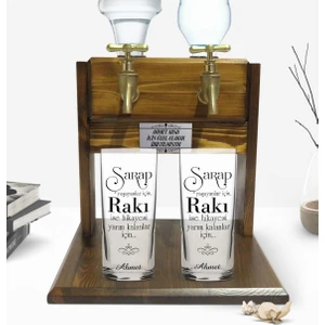 Kişiye Özel Renkli Baskılı Yarım Kalanlar Için Tasarımlı Ikili Rakı Bardağı ve Çift Musluklu Doğal Ahşap Rakı Standı-1