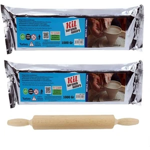 Kil Seramik Hamuru Beyaz 2 kg + Ahşap Merdane + Doğal Kil Hamuru