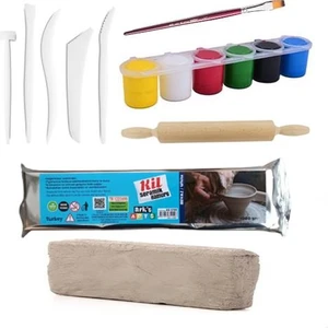 Kil Hamuru Seti-2, Beyaz Kil 1 kg + Plastik Ebeşuar + Merdane + Boya + Fırça