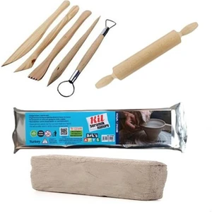Kil Seramik Hamuru Başlangıç Seti 1 kg + Ahşap Ebeşuar + Merdane