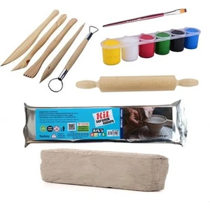 Kil Hamuru Seti-4, Beyaz Kil 1 kg + Ahşap Ebeşuar + Merdane + Boya + Fırça
