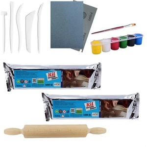 Kil Seramik Hamuru Beyaz 2 kg + Ebeşuar + Merdane + Boya + Fırça + Zımpara