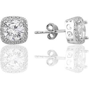 Söğütlü Silver Gümüş Zirkon Taşlı Kare Pırlanta Montürlü Gümüş Küpe