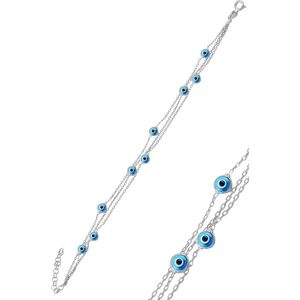 Söğütlü Silver Gümüş Rodyumlu , Cam Göz Nazar Üç Zincirli  Gümüş Bileklik