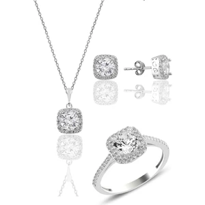Söğütlü Silver Gümüş Rodyumlu Zirkon Taşlı Kare Üçlü Set