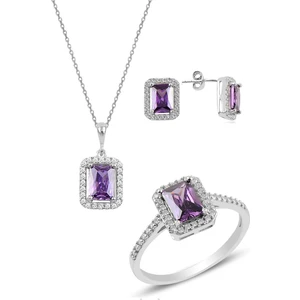 Söğütlü Silver Gümüş Rodyumlu Ametist   Baget Taşlı Üçlü Set