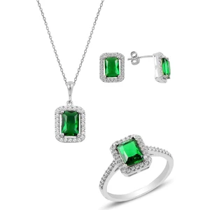 Söğütlü Silver Gümüş Rodyumlu Kök Zümrüt Baget Taşlı Üçlü Set