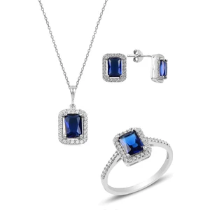 Söğütlü Silver Gümüş Rodyumlu Safir  Baget Taşlı Üçlü Set