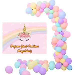 Parti Furyası Unicorn Makoron Balon Zincir Set 50x70 Cm  Çiçekli Uınicorn  Afiş