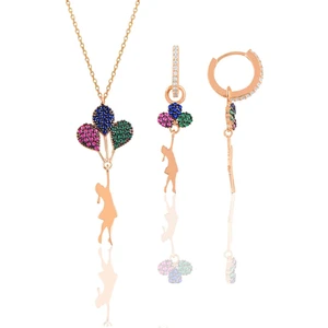Söğütlü Silver Gümüş Rose Balonlu Kız Kolye ve Küpe Gümüş Set