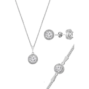 Söğütlü Silver Gümüş Zirkon Taşlı Yuvarlak Pırlanta Montürlü Gümüş Üçlü Set