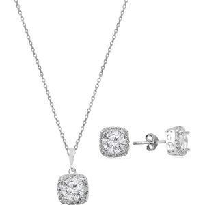 Söğütlü Silver Gümüş Zirkon Taşlı Kare Pırlanta Montürlü Gümüş İkili Set