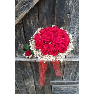 Gelin Buketi Kırmızı Renk Iri Kadife Gül Damat Yaka Çiçeği