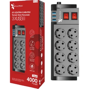 Termal Akım Korumalı Isıya Karşı Dayanıklı 8'li Priz  Kablo Uzunluğu 2 mt 3 x Usb