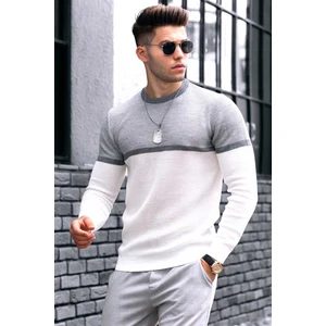 Erkek Beyaz Blok Desenli Bisiklet Yaka Regular Fit Kazak – %70 Yün %30 Pamuk, Rahat Kesim