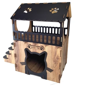 Teras Katlı Merdivenli Ahşap Kedi Evi