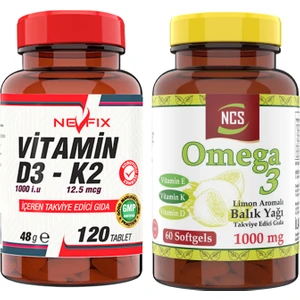 Omega 3 Balık Yağı 1000 Mg 60 Yumuşak Kapsül Doğal Limon Aromalı & Nevfix Vitamin D3-K2 120 Tablet