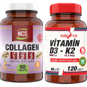 Collagen Type (Tip) 1-2-3 Hyaluronic Acid Vitamin C Glutatyon 90 Tablet &  Nevfix Vitamin D3-K2 120 Tablet