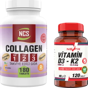 Collagen Type (Tip) 1-2-3 Hyaluronic Acid Vitamin C Glutatyon 180 Tablet &  Nevfix Vitamin D3-K2 120 Tablet