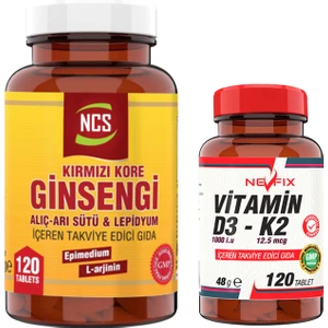 Korean Red Ginseng 120 Tablet Alıç Arı Sütü L Arginin Erkeklere Özel Formül & Nevfix Vitamin D3-K2 120 Tablet