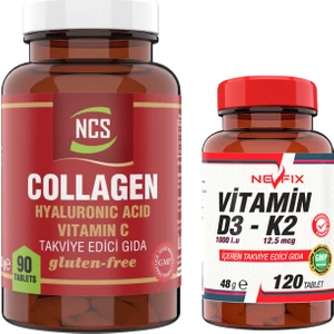 Collagen 1000 Mg Hyaluronic Acid Vitamin C 90 Tablet & Nevfix Vitamin D3-K2 120 Tablet