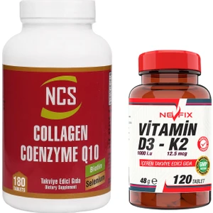 Selenium Çinko Biotin Coenzyme Q10 200 Mg Collagen 180 Tablet & Nevfix Vitamin D3-K2 120 Tablet